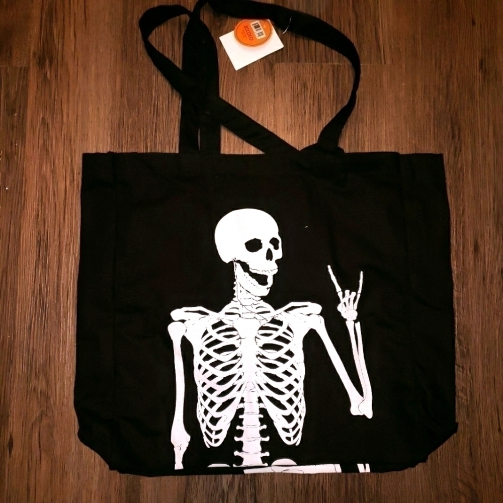 Halloween Tote Bag, Black Tote Skeleton, Rock N Roll Bag, Gothic Skeleton Bag